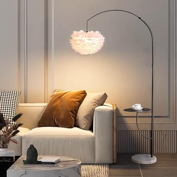 White Feather Floor Lamp with Table, Great Floor Light Height Adjustable (Black) - LeafyLoom