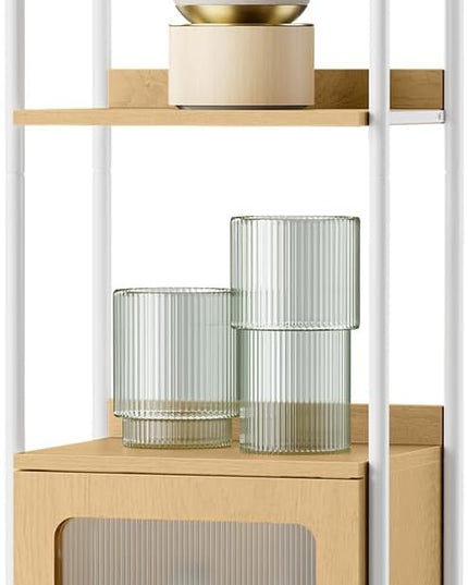 VASAGLE 6-Tier Bookcase, Slim Bookshelf with PC Door, Freestanding Storage Shelf with Metal Frame, Adjustable Shelf, for Living Room, Oak Beige and Pearl White ULLS123W57 - LeafyLoom
