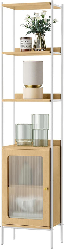 VASAGLE 6-Tier Bookcase, Slim Bookshelf with PC Door, Freestanding Storage Shelf with Metal Frame, Adjustable Shelf, for Living Room, Oak Beige and Pearl White ULLS123W57 - LeafyLoom