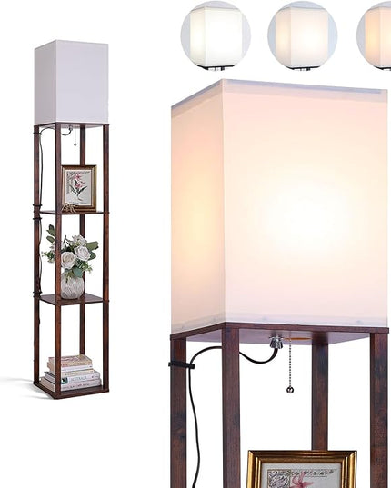 Floor Lamp with Shelves, Shelf Floor Lamps for Living Room with 3CCT LED Bulb, Modern Corner Square Display Standing Lamp with 4-Tier Tall Bookshelf Lamp for Bedroom Office - LeafyLoom