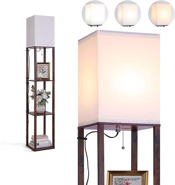 Floor Lamp with Shelves, Shelf Floor Lamps for Living Room with 3CCT LED Bulb, Modern Corner Square Display Standing Lamp with 4-Tier Tall Bookshelf Lamp for Bedroom Office - LeafyLoom