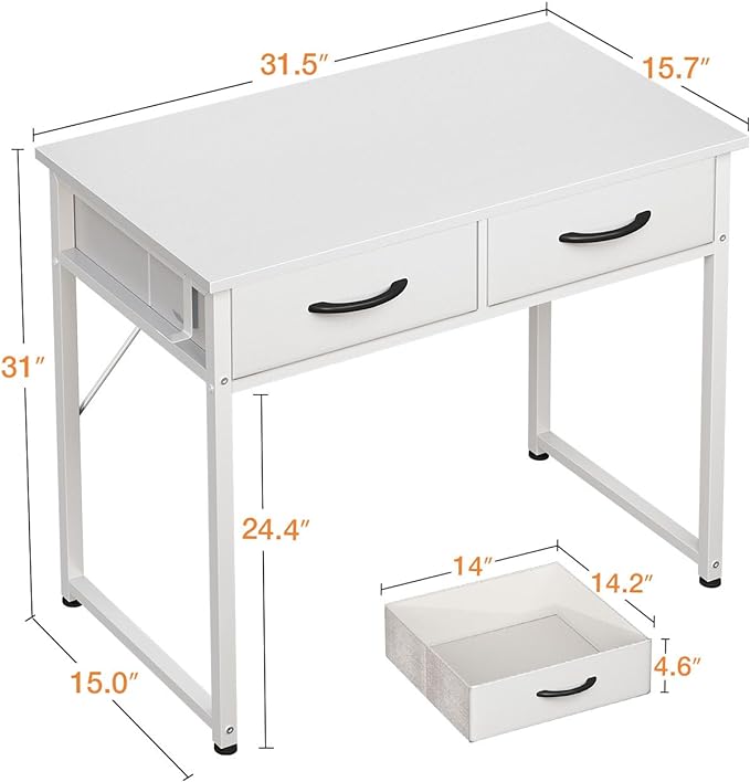 ODK Small Desk with Fabric Drawers- for Bedroom, White Vanity Desk with Storage, Home Office Computer Desk for Small Spaces, 32 Inch Modern Work Writing Study Table, White - LeafyLoom