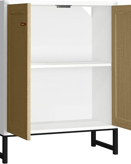Panana Rattan Decorated 2 Doors Storage Cabinet Accent Cabinet Living Room Cupboard Kitchen Sideboard Buffet Table (White) - LeafyLoom