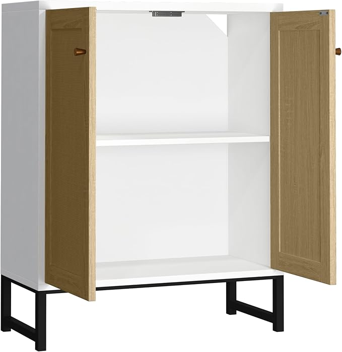 Panana Rattan Decorated 2 Doors Storage Cabinet Accent Cabinet Living Room Cupboard Kitchen Sideboard Buffet Table (White) - LeafyLoom