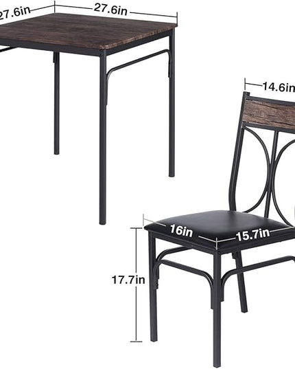 VECELO Kitchen & Dinning Room 3 pieceTable Dinner Table Pu Cushion Chair Small Space,Modern Industrial Style, Dark Brown, Dining set for 2 - LeafyLoom