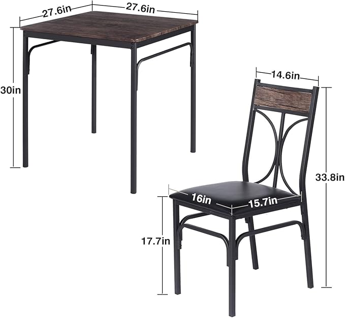VECELO Kitchen & Dinning Room 3 pieceTable Dinner Table Pu Cushion Chair Small Space,Modern Industrial Style, Dark Brown, Dining set for 2 - LeafyLoom