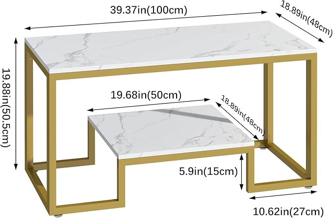 Coffee Table White Faux Marble Coffee Table for Living Room,2 Tiers Rectangle Center Table with Sturdy Metal Frame,Modern Marble Living RoomTable Accent Table for Bedroom Home Office - LeafyLoom
