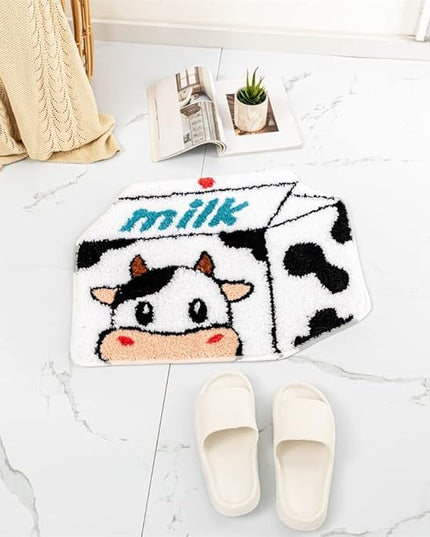 Milk Cow Bathroom Rugs Milk Box Shaped Animals Non Slip Cute Bath Rug Soft Absorbent Microfiber Bathtub Door Mat for Bathroom Kitchen Floor Tub Shower Rug Black White - LeafyLoom