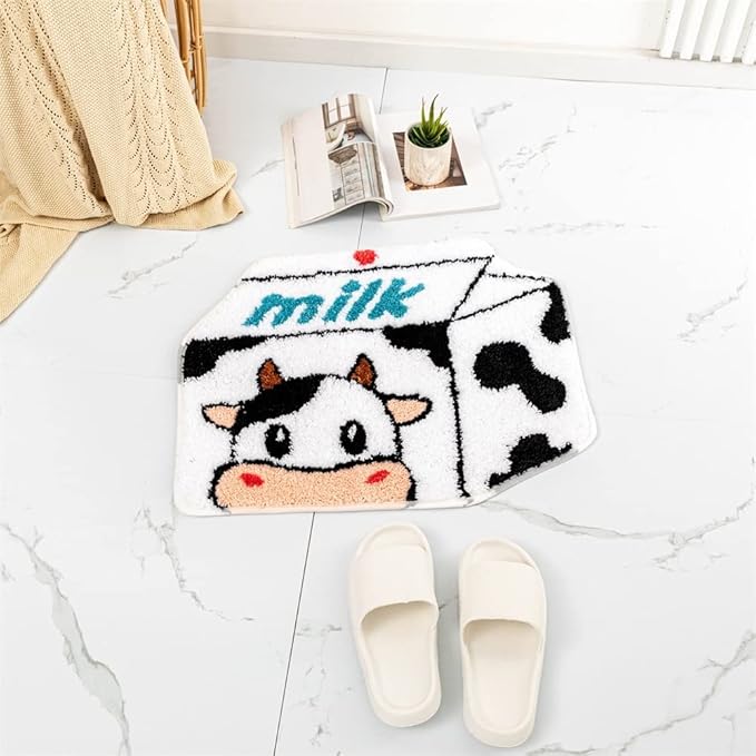 Milk Cow Bathroom Rugs Milk Box Shaped Animals Non Slip Cute Bath Rug Soft Absorbent Microfiber Bathtub Door Mat for Bathroom Kitchen Floor Tub Shower Rug Black White - LeafyLoom