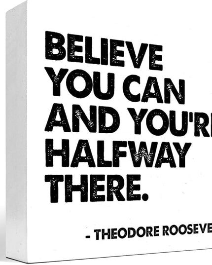 Believe You Can and You're Halfway There Wood Box Signs,Inspirational Wood Plaque Sign Desk Decor,Rustic Positive Wooden Block Sign Decor for Home Office Shelf Table Decoration C1073 - LeafyLoom