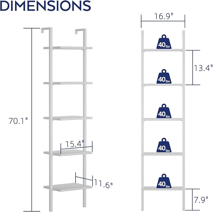 NUMENN Industrial Ladder Shelf, 5 Tier Book Shelf, Open Space Wall Mount Bookshelf with Metal Frame, Sturdy Book Shelves, Bookcase for Living Room, Home Office, White - LeafyLoom