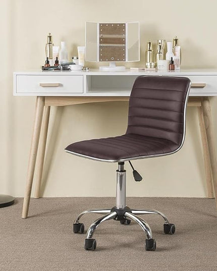 Yaheetech Task Chair Armless Office Chair PU Leather Ribbed Modern Desk Chair Adjustable Low-Back Swivel Chair w/Rolling Wheels Comfy Working Chair Makeup Chair, Brown - LeafyLoom