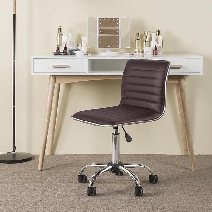Yaheetech Task Chair Armless Office Chair PU Leather Ribbed Modern Desk Chair Adjustable Low-Back Swivel Chair w/Rolling Wheels Comfy Working Chair Makeup Chair, Brown - LeafyLoom