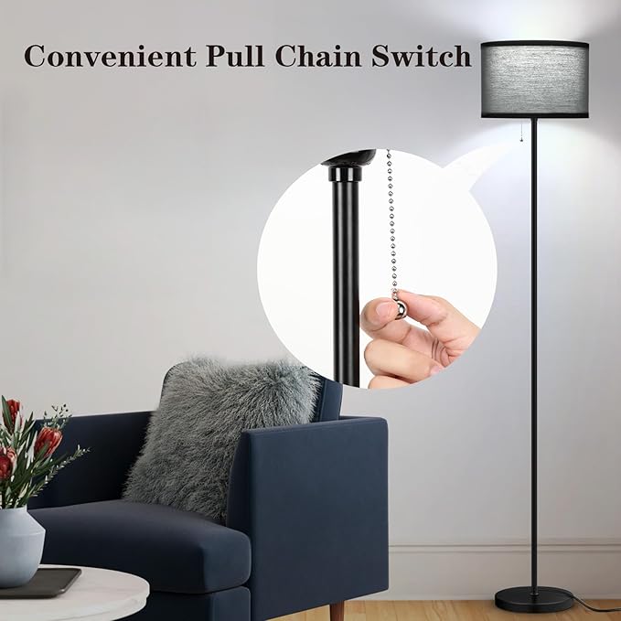 LED Floor Lamp for Living Room, Simple Design Tall Lamp for Bedroom, Modern Floor Lamp with Shade, Black Pole Lamp with Drum Shade, Pull Chain Standing Lamp for Kids Room Dining Room (Bulb Included) - LeafyLoom