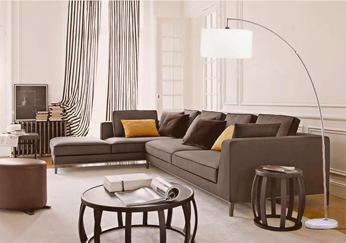 NicBex Floor Lamp,Modern Home Decor Arc Floor Lamp with Hanging White Fabric Drum Shade and Marble Base,Standing Lamp Tall Lamp,Floor Lamps for Living Room,Bedroom and Office,Reading Light,Silver - LeafyLoom