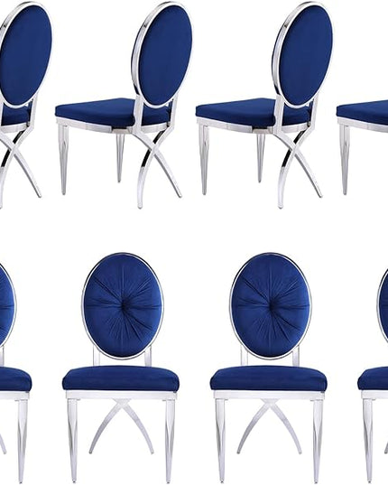 ACEDÉCOR Blue and Silver Dining Chairs, Classic King Louis Upholstered Dining Room Chair with Silver X Shaped Legs, Modern Armless Chair Set of 8 - LeafyLoom