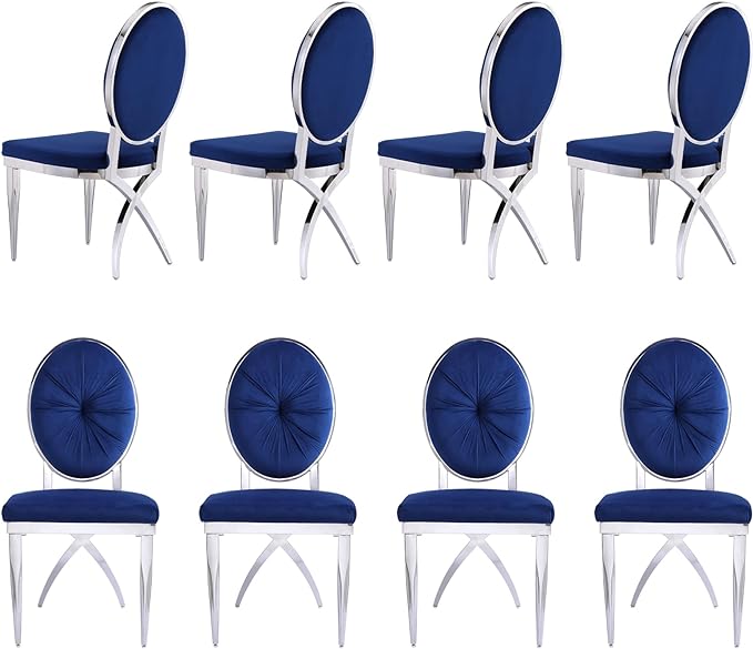 ACEDÉCOR Blue and Silver Dining Chairs, Classic King Louis Upholstered Dining Room Chair with Silver X Shaped Legs, Modern Armless Chair Set of 8 - LeafyLoom