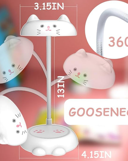 Cute Small Desk Lamp for Kids, Eye-caring Desk Light LED Reading Lamp, 3 Color Dimmable & 45min Timer, Battery Powered Cordless Lamp Rechargeable, Flexible Gooseneck Battery Operated Table Lamp, Cat - LeafyLoom