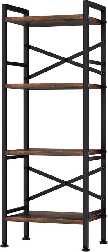 4 Tier Book Shelf, Small Bookshelf Storage Organizer, Tall Narrow Bookcase with Storage Shelves, Wooden Industrial Office Shelves for Bedroom, Living Room, Rustic Brown - LeafyLoom