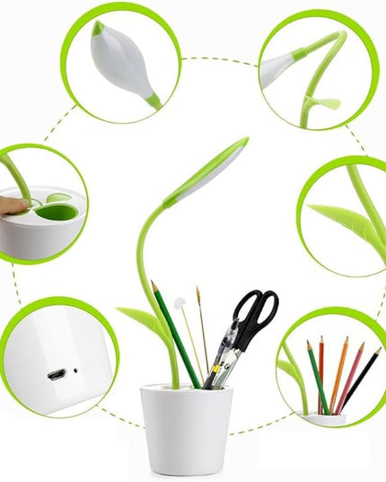 Flexible USB Touch Desk Lamp, Flexible Neck LED Desk Lamp 3 Level of Brightness Sapling Pot with Plant Pencil Holder for Office Study Reading (Dark Green) - LeafyLoom