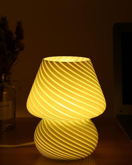 BSOD Glass Mushroom Bedside Table Lamp, Yellow Translucent Murano Vintage Style Striped Small Nightstand Desklamp Swirl Light for Home Decor, Dining, Living, Bedroom, Gift (Stripe Yellow) - LeafyLoom
