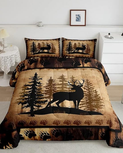 Cute Deer Comforter Set for Girls Boys Kids Deer Hunting Bedding Set Room Decorative Bear Paw Print Tree Pattern Bedding Set Exotic Style Brown Duvet Set Full Size 3Pcs Quilt Set - LeafyLoom