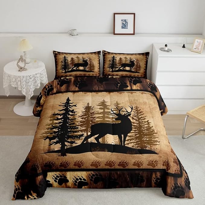 Cute Deer Comforter Set for Girls Boys Kids Deer Hunting Bedding Set Room Decorative Bear Paw Print Tree Pattern Bedding Set Exotic Style Brown Duvet Set Full Size 3Pcs Quilt Set - LeafyLoom