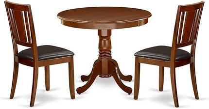 East West Furniture ANDU3-MAH-LC Antique 3 Piece Room Furniture Set Contains a Round Dining Table with Pedestal and 2 Faux Leather Upholstered Chairs, 36x36 Inch, Mahogany - LeafyLoom