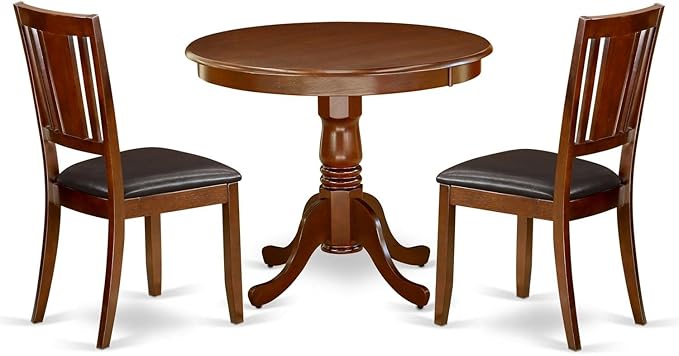 East West Furniture ANDU3-MAH-LC Antique 3 Piece Room Furniture Set Contains a Round Dining Table with Pedestal and 2 Faux Leather Upholstered Chairs, 36x36 Inch, Mahogany - LeafyLoom