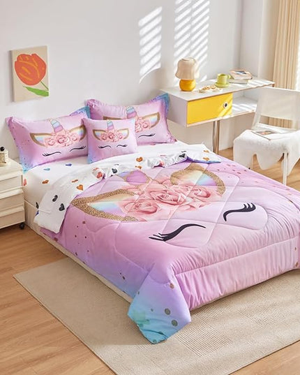 ADASMILE A & S Full Unicorn Comforter Sets for Girls 6 Pieces Pink Floral Unicorn Bedding Set with Colorful Cute Love Heart Sheets Full for Girls Unicorn Bed in a Bag Comforter for Home Decor - LeafyLoom