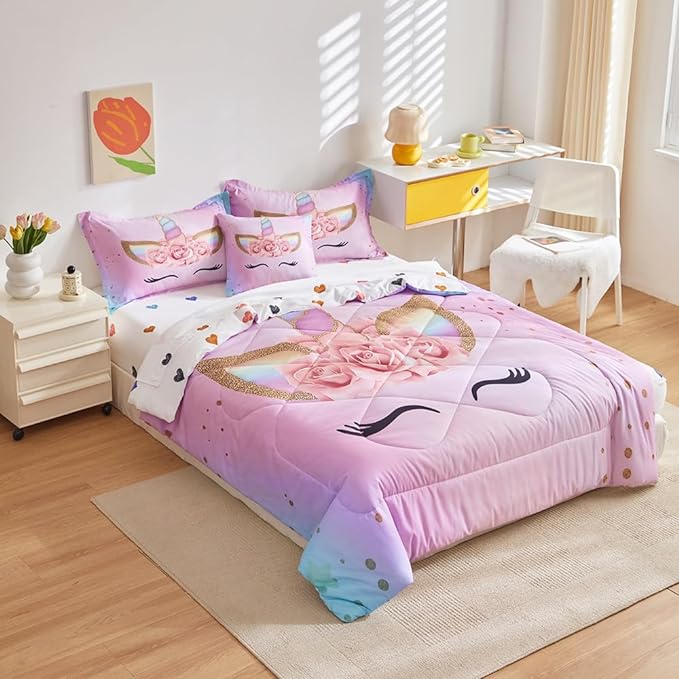ADASMILE A & S Full Unicorn Comforter Sets for Girls 6 Pieces Pink Floral Unicorn Bedding Set with Colorful Cute Love Heart Sheets Full for Girls Unicorn Bed in a Bag Comforter for Home Decor - LeafyLoom