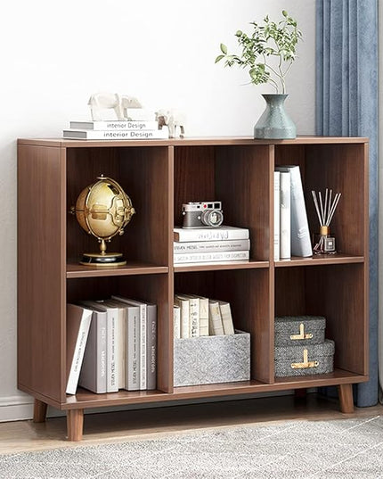 IOTXY Freestanding Open Cubes Bookcase - 2-Tier Floor Standing Wooden Storage Display Cabinet Organizer with Legs for Home Office, 6-Cubes Open Shelf Low Short Bookshelf, Walnut - LeafyLoom