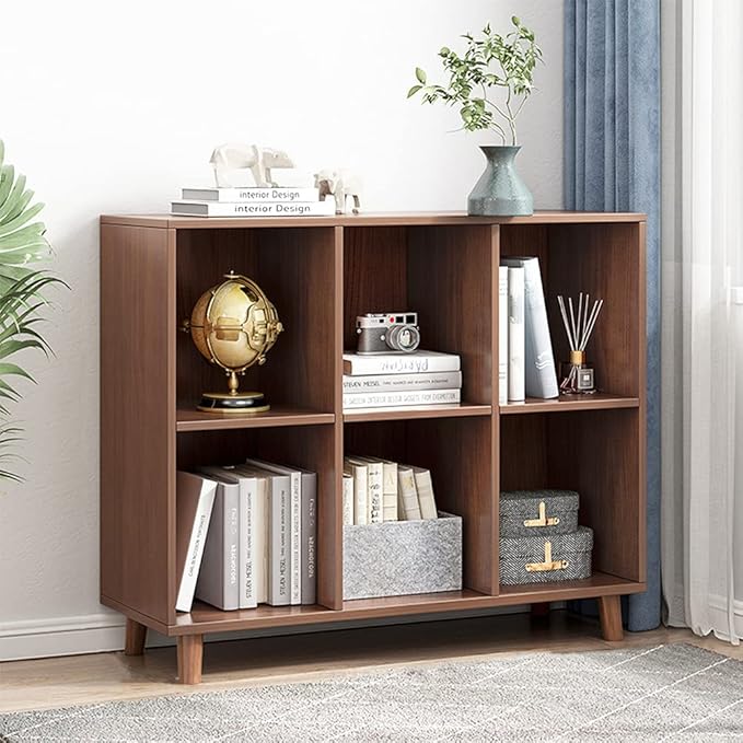 IOTXY Freestanding Open Cubes Bookcase - 2-Tier Floor Standing Wooden Storage Display Cabinet Organizer with Legs for Home Office, 6-Cubes Open Shelf Low Short Bookshelf, Walnut - LeafyLoom