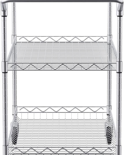 VEVOR Kitchen Utility Cart, 3 Tiers, Wire Rolling Cart with 661 LBS Capacity, Steel Service Cart on Wheels, Metal Storage Trolley with 80 mm Deep Basket Curved Handle 6 Hooks, NSF Listed - LeafyLoom