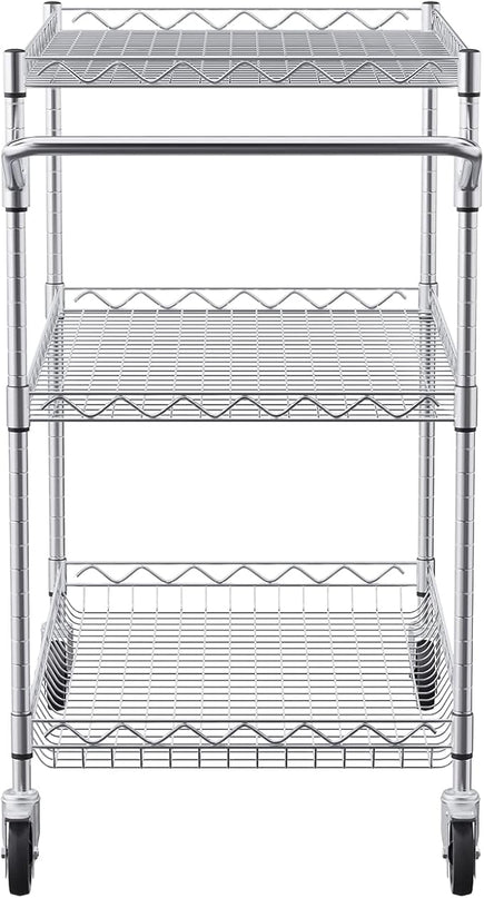 VEVOR Kitchen Utility Cart, 3 Tiers, Wire Rolling Cart with 661 LBS Capacity, Steel Service Cart on Wheels, Metal Storage Trolley with 80 mm Deep Basket Curved Handle 6 Hooks, NSF Listed - LeafyLoom