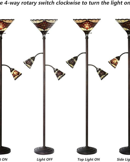 Bieye L10868 Tiffany Style Stained Glass 3-Light Torchiere Floor Lamp with Sidelights for Reading, 70-inches Tall (Baroque, Red) - LeafyLoom