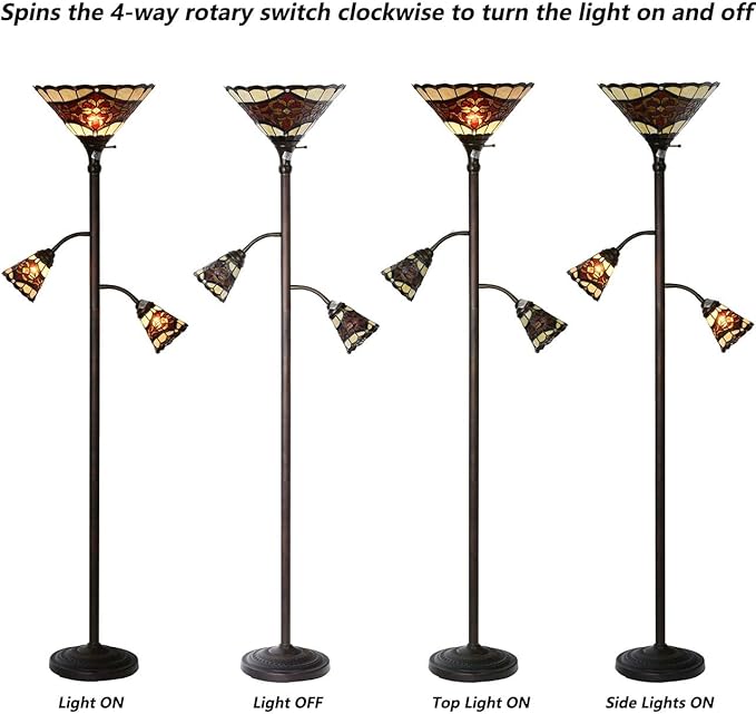 Bieye L10868 Tiffany Style Stained Glass 3-Light Torchiere Floor Lamp with Sidelights for Reading, 70-inches Tall (Baroque, Red) - LeafyLoom