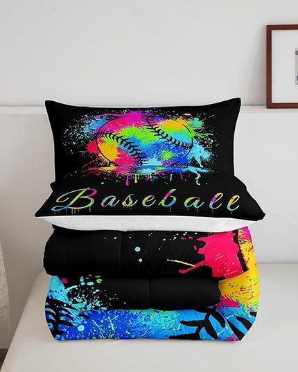 Kids Baseball Comforter Set Full Size Sports Game Bedding Set for Boys Girls Teens Bedroom Decor Baseball Gaming Comforter Women Men Tie Dye Duvet Set with 2 Pillow Case - LeafyLoom