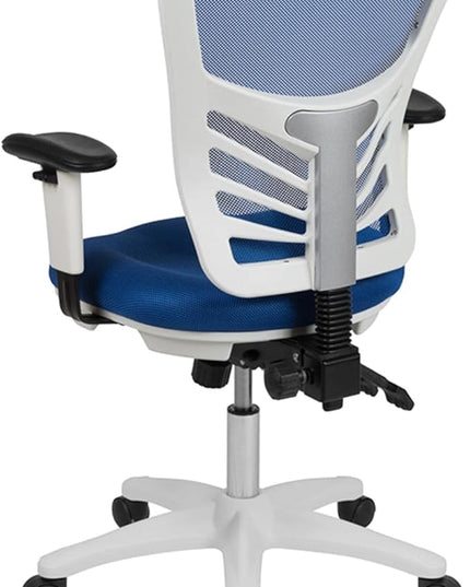 Flash Furniture Nicholas Mid-Back Blue Mesh Multifunction Executive Swivel Ergonomic Office Chair with Adjustable Arms and White Frame - LeafyLoom