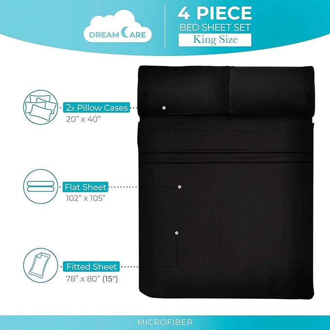 DREAMCARE Twin XL Sheet Sets - Cooling Bed Sheets - 4pcs Set - up to 15" Deep Pocket Twin XL Sheets - XL Twin Sheet Set – Soft & Long Lasting 100% Fine Brushed Polyester with Side Pocket - Black - LeafyLoom