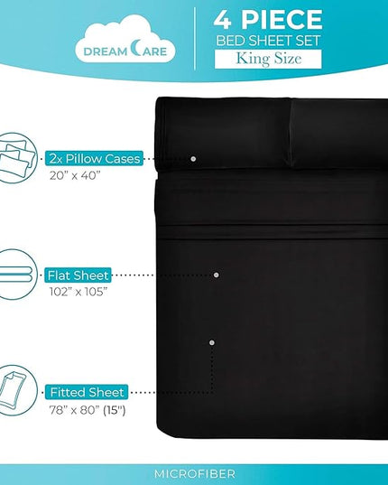 DREAMCARE King Size Sheets Set - Cooling Bed Sheets - 4pcs Set - up to 15" Deep Pocket King Sheet Set – Soft & Long Lasting Cooling - 100% Fine Brushed Polyester with Side Pocket - Black - LeafyLoom