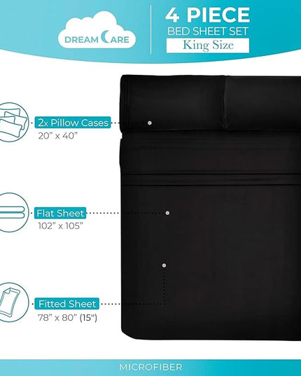 DREAMCARE California King Sheet Sets - Cooling Bed Sheets - 4pcs Set - up to 15" Deep Pocket Cal King Sheets - California King Sheets - Soft & Lasting 100% Brushed Polyester with Side Pocket - Black - LeafyLoom