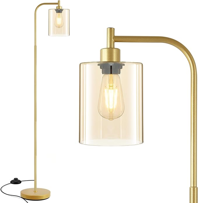 Industrial Floor Lamp, Gold Standing Lamp with Gold Glass Lampshade, 6W LED Bulb Included, Modern Floor Lamp with Foot Switch, Bright LED Floor Lamp for Living Room and Bedroom, Office, Simple Style - LeafyLoom
