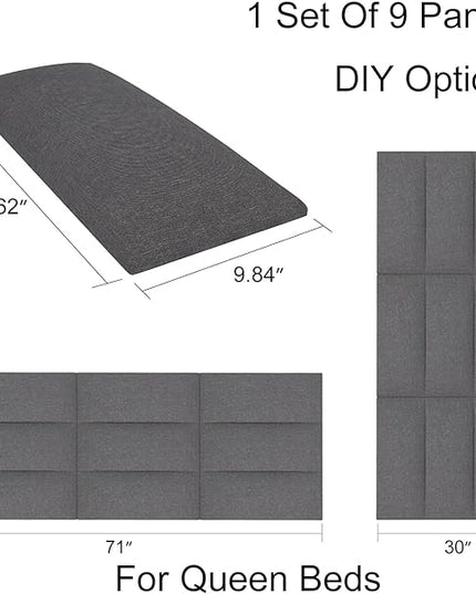 Tbfit Upholstered Wall Mounted Headboard, Soundproof Peel and Stick Headboards for Queen Size Bed, Dorm Tufted Floating Bed Headboard, Pack of 9 Panels Sized 10” x 24” (Charcoal Gray) - LeafyLoom