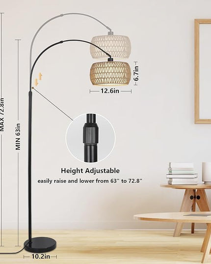 Arc Floor Lamps for Living Room with 3 Color Temperatures, Black Standing Lamp with Remote & Dimmable LED Bulb, Rattan Boho Floor Lamp, Farmhouse Tall Lamp for Bedroom, Over Couch Arched Reading Light - LeafyLoom