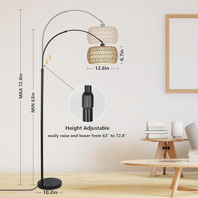 Arc Floor Lamps for Living Room with 3 Color Temperatures, Black Standing Lamp with Remote & Dimmable LED Bulb, Rattan Boho Floor Lamp, Farmhouse Tall Lamp for Bedroom, Over Couch Arched Reading Light - LeafyLoom