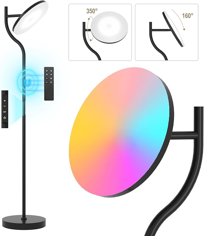 PESRAE Floor Lamp, 36W/3600LM Torchiere Bright Floor Lamp, RGB Color Changing Torchiere Floor Lamp, Rotatable Tall Lamp with Remote Control, Adjust Brightness for Bedroom and Play Room - LeafyLoom