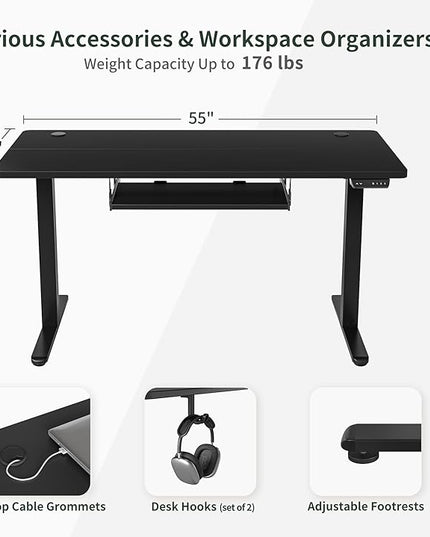 BANTI 55" x 24" Height Adjustable Electric Standing Desk with Keyboard Tray, Sit Stand up Desk with Splice Board, Black Frame/Black Top - LeafyLoom