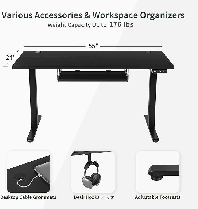 BANTI 55" x 24" Height Adjustable Electric Standing Desk with Keyboard Tray, Sit Stand up Desk with Splice Board, Black Frame/Black Top - LeafyLoom