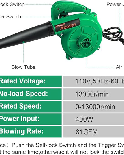 Corded Electric Leaf Blower,2 in 1 Small Handheld Lightweight Sweeper/Vacuum,110V 400W Portbale Blower for Leaf/Snow/Dust Blowing (Green) - LeafyLoom